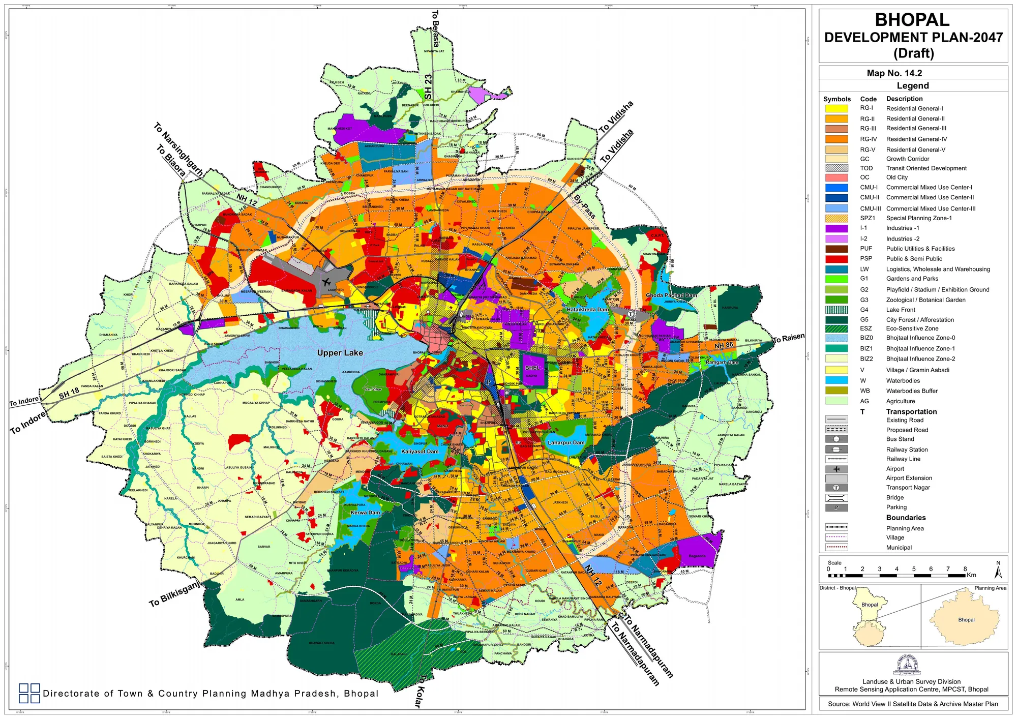 Bhopal Development Plan 2047 draft map sheet No. 14.2 with title block, zone legend and scale