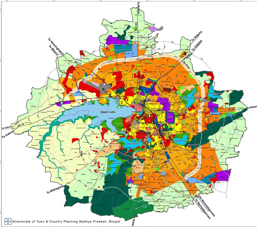 Bhopal Development Plan 2047 draft land-use map showing the Upper Lake, growth corridor and zoning colours